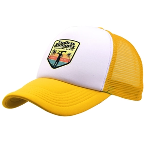 Yellow and white mesh trucker hat featuring a vintage California Beach surf badge print