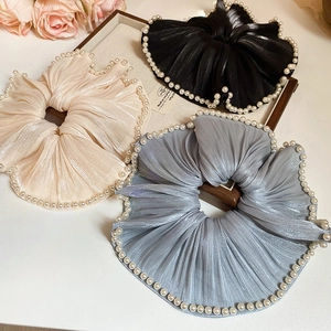 Pleated mesh hair scrunchies with pearls in beige, black, and blue colors