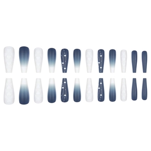 Matte long coffin press-on nails featuring blue white gradient and 3D heart textures