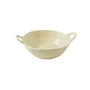 Minimalist beige ceramic bowl with dual handles and smooth glazed finish for soup