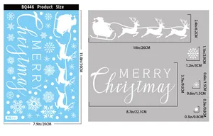 Detailed size chart for Christmas window stickers showing reindeer and snowflake decals