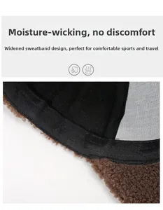 Detail of the widened sweatband and teddy fleece texture on the brown winter baseball cap