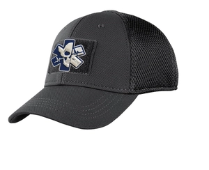 Tactical mesh baseball cap in dark grey with removable MEDIC skull PVC patch at 45-degree angle