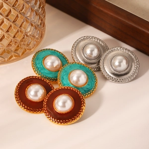 French retro pearl stud earrings in vintage blue and reddish brown stainless steel finish