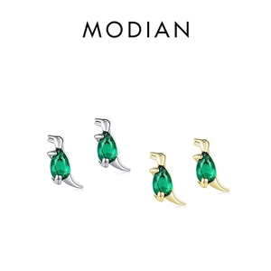 Cute S925 sterling silver dinosaur stud earrings featuring pear-cut green crystal stones
