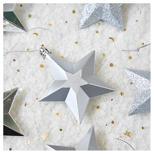 Detail of silver star ornaments with glitter and matte finish on white plush background