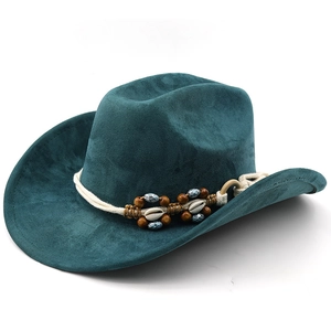 Fashionable western cowboy hat in dark green suede with bead and shell trim