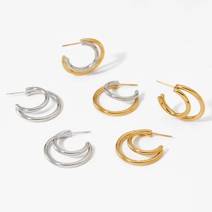Stainless Steel Double Hoop Earrings C Shape Geometric Waterproof Hypoallergenic Minimalist Chic Jewelry For Women