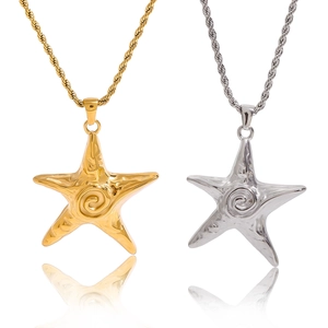 Gold and silver starfish pendant necklaces in polished stainless steel with rope chains