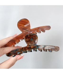 Dettaglio delle pinze per capelli in acetato tartarugato con scritta Barrette La France