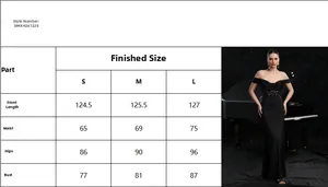 Size chart detail for off-shoulder lace evening dress with bust and waist measurements
