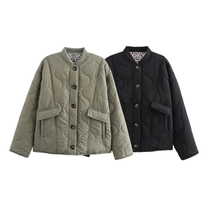 Quilted jackets in army green and black with leopard print lining and snap buttons