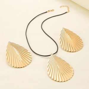 Golden textured leaf pendant necklace and earrings set with elegant black wax cord