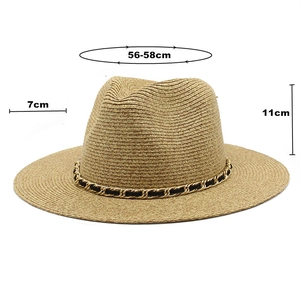 Detail showing dimension specs 56-58cm for straw fedora with chain decoration