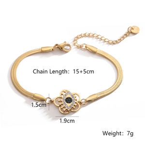 Detailed close-up of golden stainless steel evil eye bracelet with sparkling zircons
