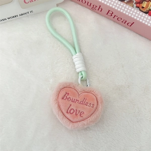 Pink plush heart keychain with Boundless love embroidery and mint green woven rope