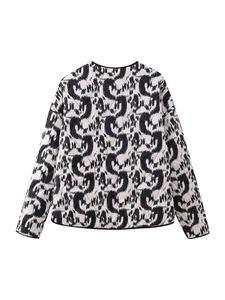 Rear view of quilted jacket with black and white abstract print and padded lining