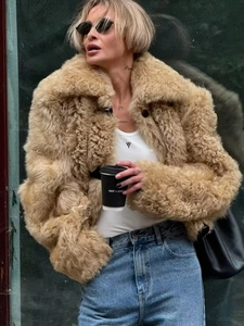 Veste d'hiver en fausse fourrure pour femme à revers en polaire bouclée épaisse camel