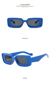 Detail view of rectangular blue sunglasses with grey lenses in front and side perspectives