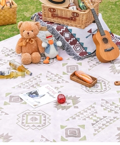 Detailed top view of ethnic geometric pattern on outdoor waterproof picnic mat
