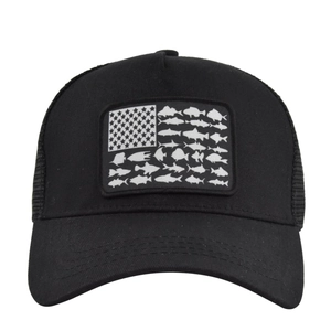 Black American flag trucker hat with fish silhouette pattern and breathable mesh back