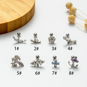 Set of 8 stainless steel stud earrings with zircon cross moon and flower designs