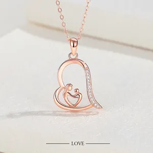 925 Sterling Silver Heart Pendant Necklace Mother And Child Silhouette Cubic Zirconia Mother Day Gift Fashion Jewelry
