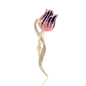 Elegant tulip brooch with pink enamel petals and sparkling rhinestones on gold base