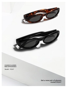 Detail view of retro oval sunglasses showing tortoise and black frames with CE certification