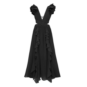 Detail of black V-neck swimsuit with 3D floral ruffles and waist cut-outs