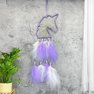 Dreamy purple and white unicorn dream catcher with feathers for kids room wall decor