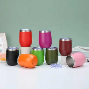Detailed arrangement of 12oz stainless steel egg cups with lids in multiple vibrant colors