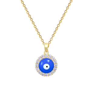 Luxurious gold evil eye necklace with blue center and sparkling crystal diamond halo
