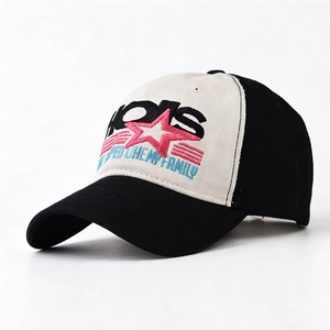 Close-up of intricate multi-color embroidery on a black and white cotton baseball cap