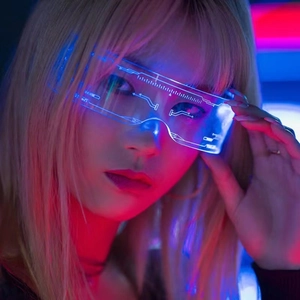 Cyberpunk LED glasses with glowing lines and futuristic neon light effect detail