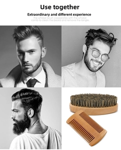Detail of boar bristle beard brush with solid wood handle and double-sided wooden comb
