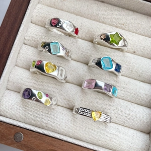 Colorful Gemstone Open Ring White Copper Silver Plated Adjustable Y2K Retro Aesthetic Fashion Jewelry For Women