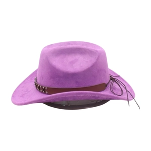 Detail of purple felt cowboy hat featuring dark brown leather band and metallic rivets