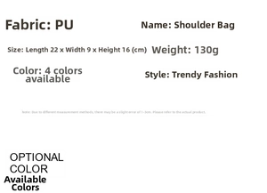 Detailed size specifications and material properties table for trendy PU shoulder bag