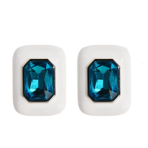 Elegant square earrings with deep blue central zircon and white enamel framing