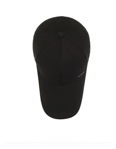 Top down view of a black baseball cap with an extended brim and six panel design