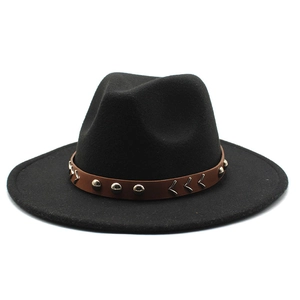 Chapeau fedora en laine noire de style britannique avec bande en cuir riveté rétro