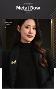Detail of elegant gold bow brooch styled on a professional black blazer jacket