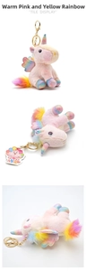 Detailed views of plush unicorn keychain with iridescent wings and golden metal ring