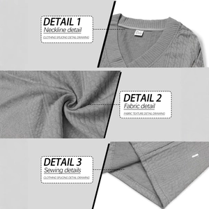 Men's V-neck knit long sleeve sweater in grey cotton blend showing fabric texture details