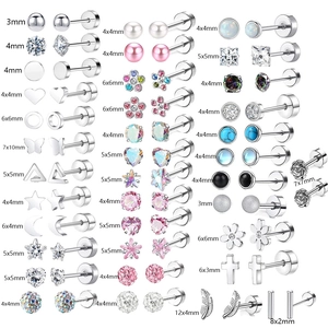Set of stainless steel stud earrings with zircon heart and moon shapes in various sizes