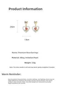 Detailed size specifications for heart-shaped rose earrings with imitation pearls