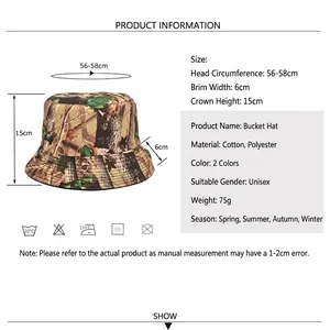 Camouflage jungle print bucket hat for men and women showing size and dimensions