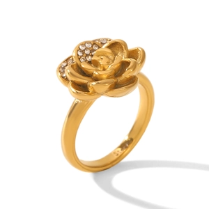 Detail view of gold floral ring featuring camellia shape with zircon petals and S925 stamp