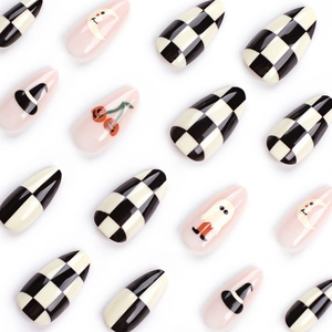 Checkboard and Halloween theme almond press-on nails with pumpkin and moon art
